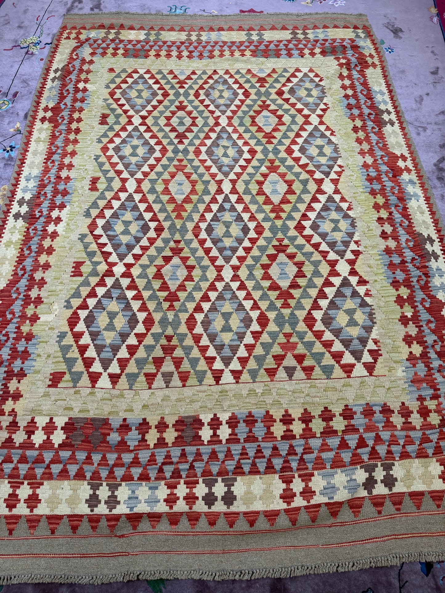 Vintage Afghan Maimana Kilim – Handwoven Wool Rug, 6.3x9.6 ft – Tribal Geometric Design (#10238)