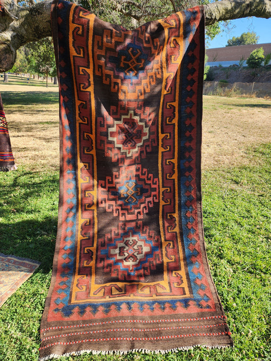 Vintage Turkish Kilim Runner – Handwoven Wool, 3.5x13.3 ft – Geometric Tribal Design