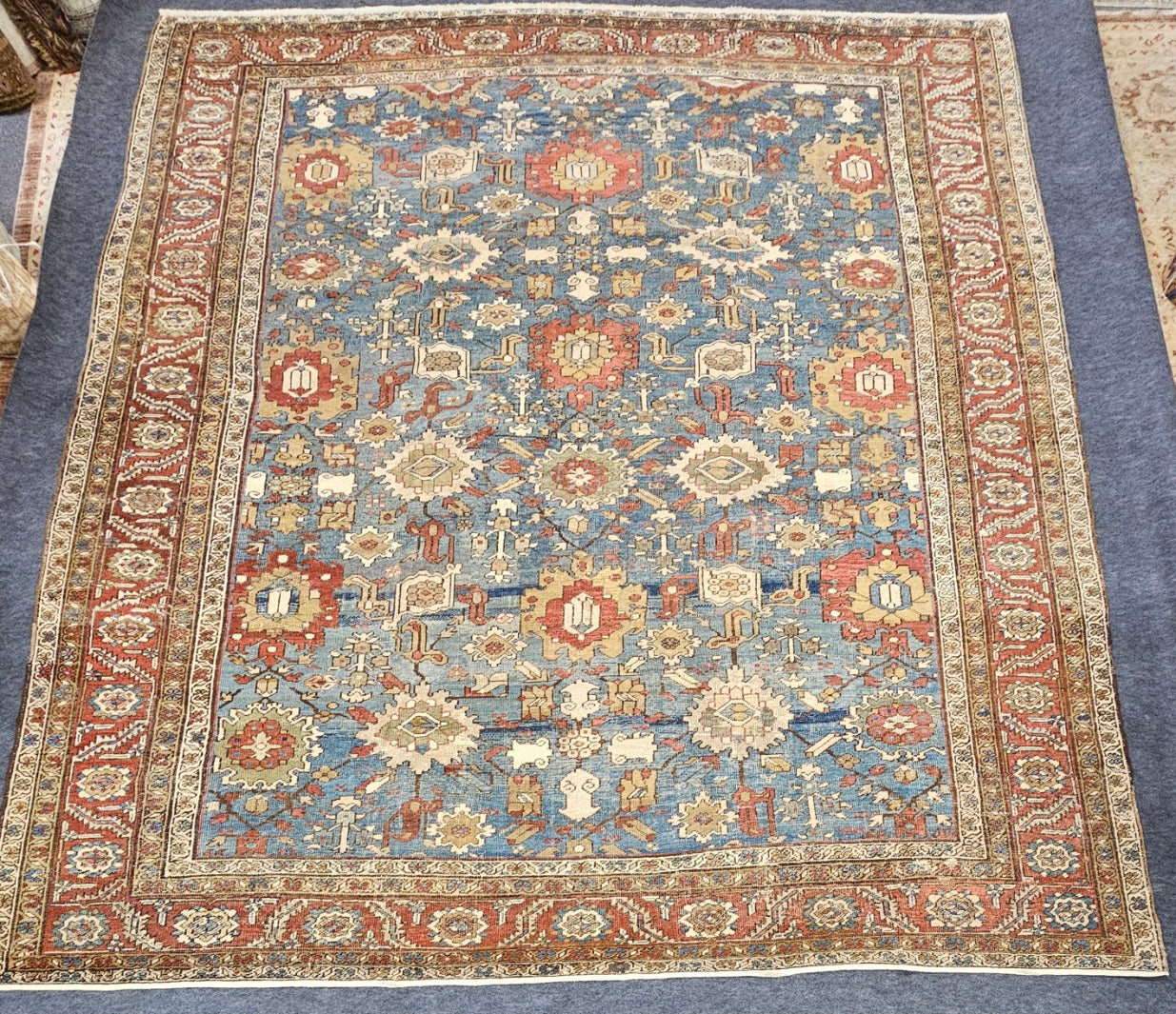Antique Persian Bakhtiari Rug – Hand-Knotted Wool (10 x 11.6) – Blue & Rust Tones
