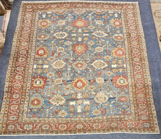 Antique Persian Bakhshaish Rug – Hand-Knotted Wool (10 x 11.6) – Blue & Rust Tones
