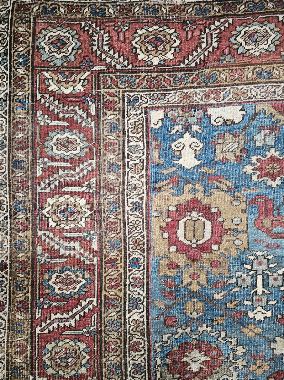 Antique Persian Bakhtiari Rug – Hand-Knotted Wool (10 x 11.6) – Blue & Rust Tones