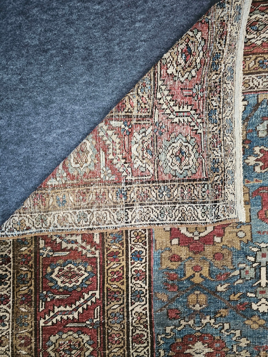 Antique Persian Bakhtiari Rug – Hand-Knotted Wool (10 x 11.6) – Blue & Rust Tones