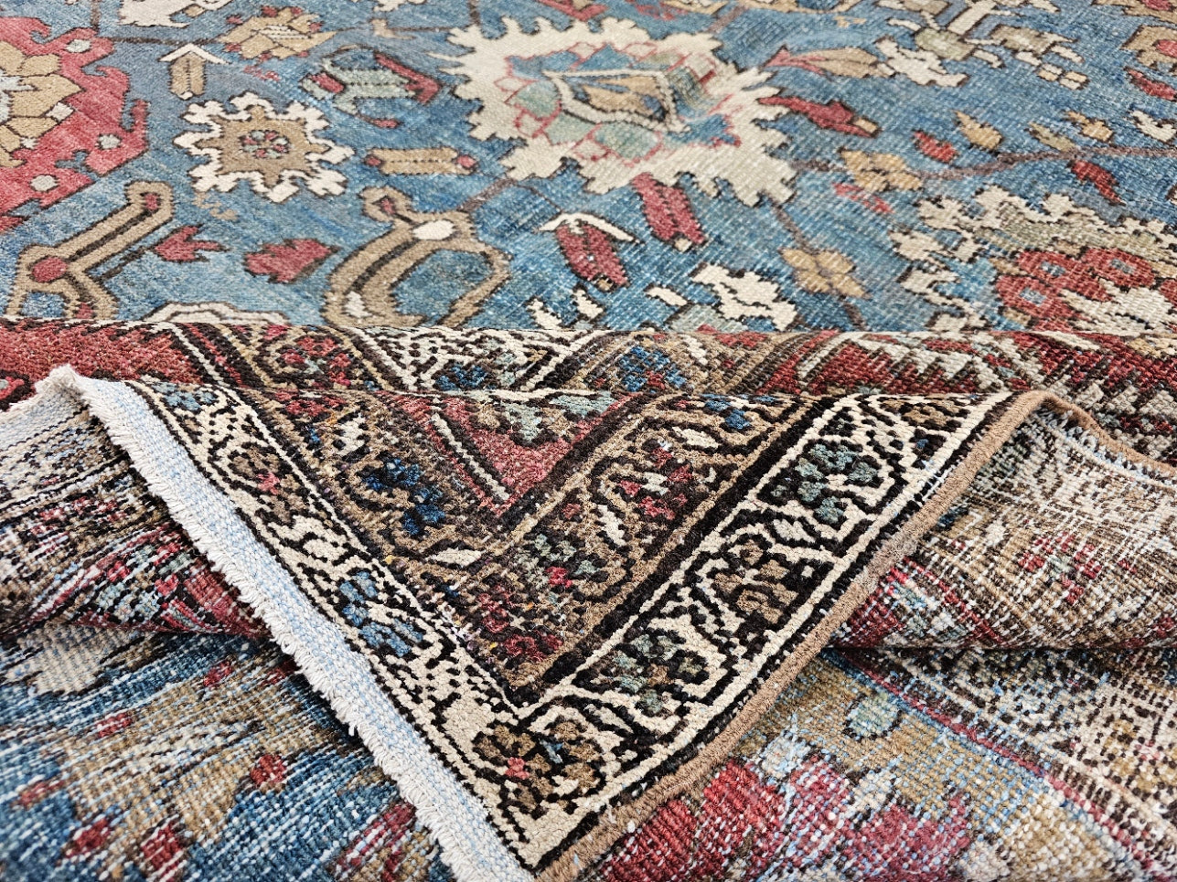 Antique Persian Bakhtiari Rug – Hand-Knotted Wool (10 x 11.6) – Blue & Rust Tones
