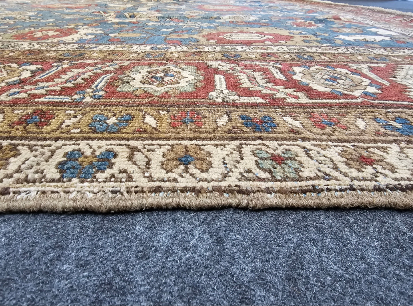 Antique Persian Bakhtiari Rug – Hand-Knotted Wool (10 x 11.6) – Blue & Rust Tones