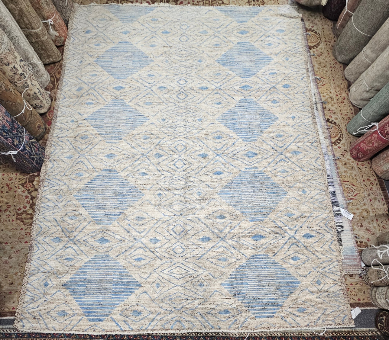 9884 Moroccan Rug – 9x12 | Handwoven Classic Design in Soft Blue and Beige (#9884)