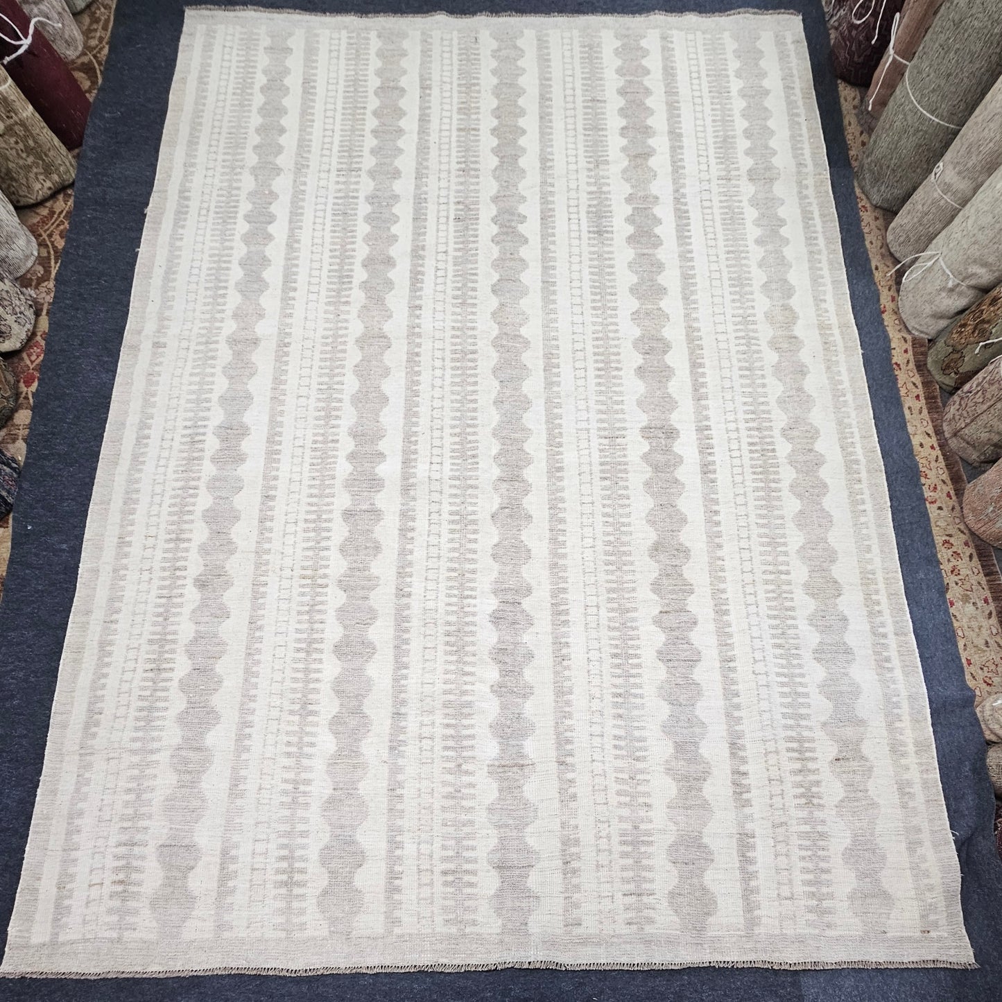 Large Moroccan Rug – 9x12.7 | Contemporary Tribal Stripe Design in Neutral Tones (#10253)