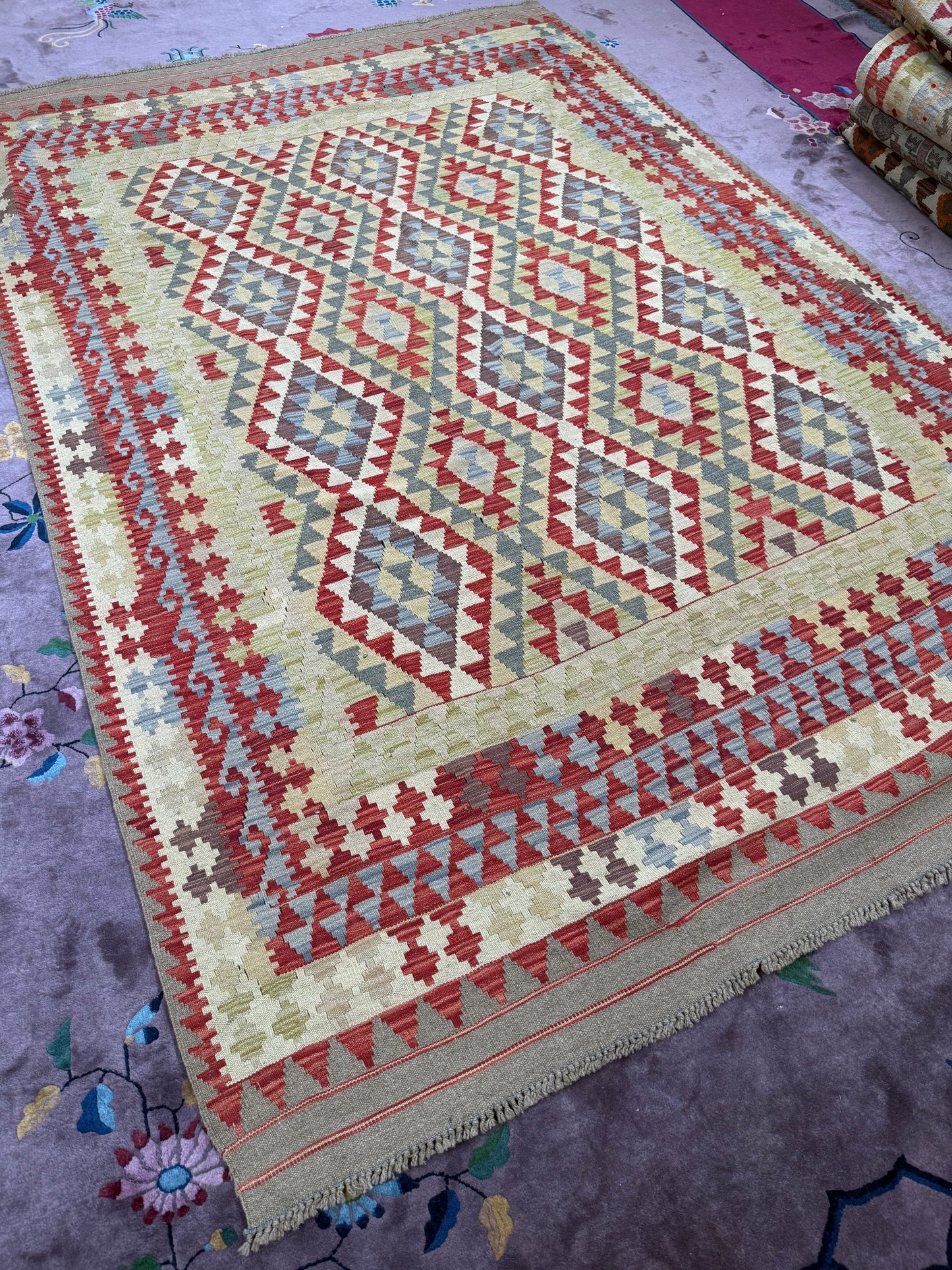 Vintage Afghan Maimana Kilim – Handwoven Wool Rug, 6.3x9.6 ft – Tribal Geometric Design (#10238)