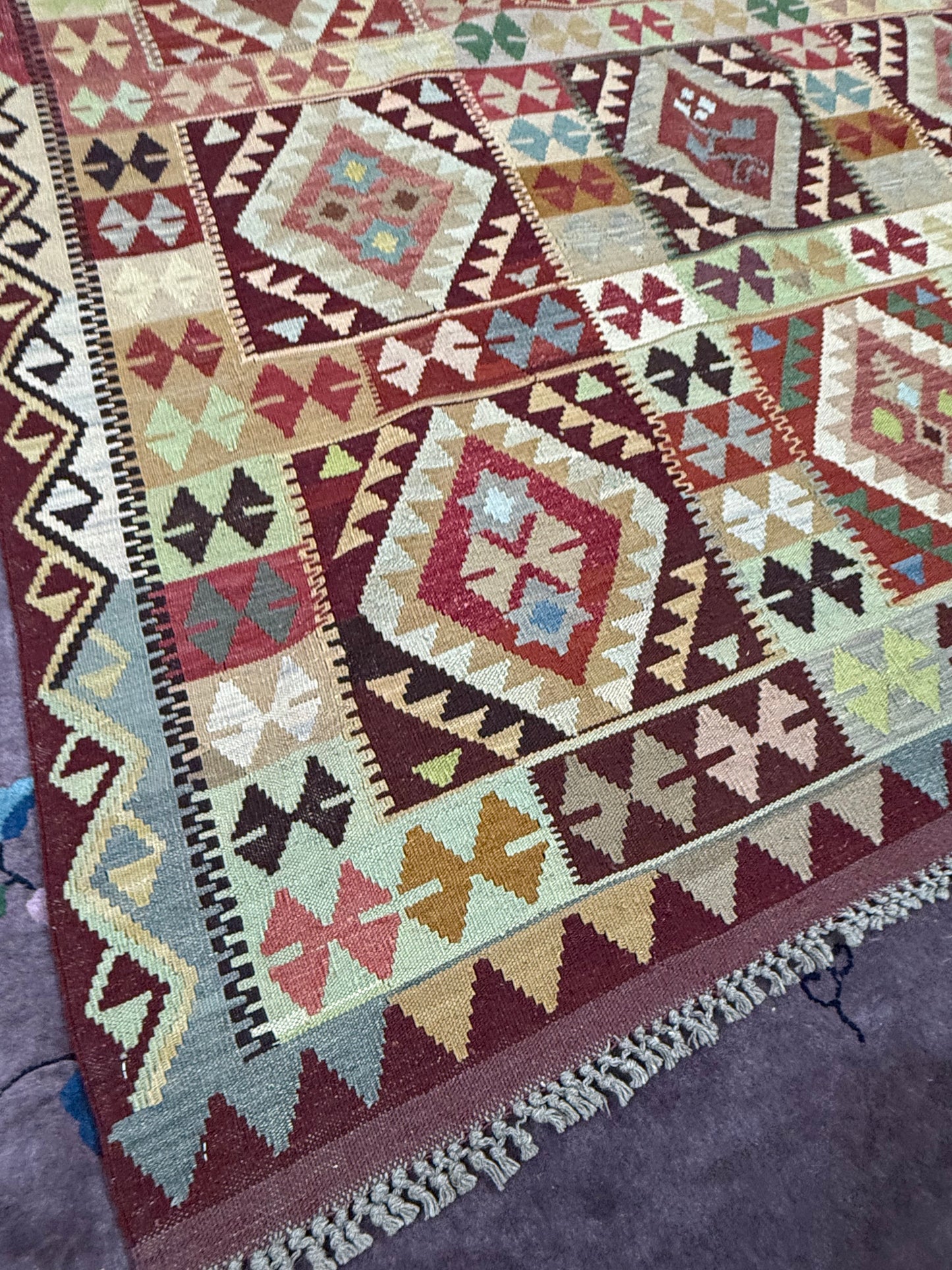 Vintage Afghan Maimana Kilim – Handwoven Wool Rug, 6.3x9.6 ft – Tribal Patchwork Design (#10237)