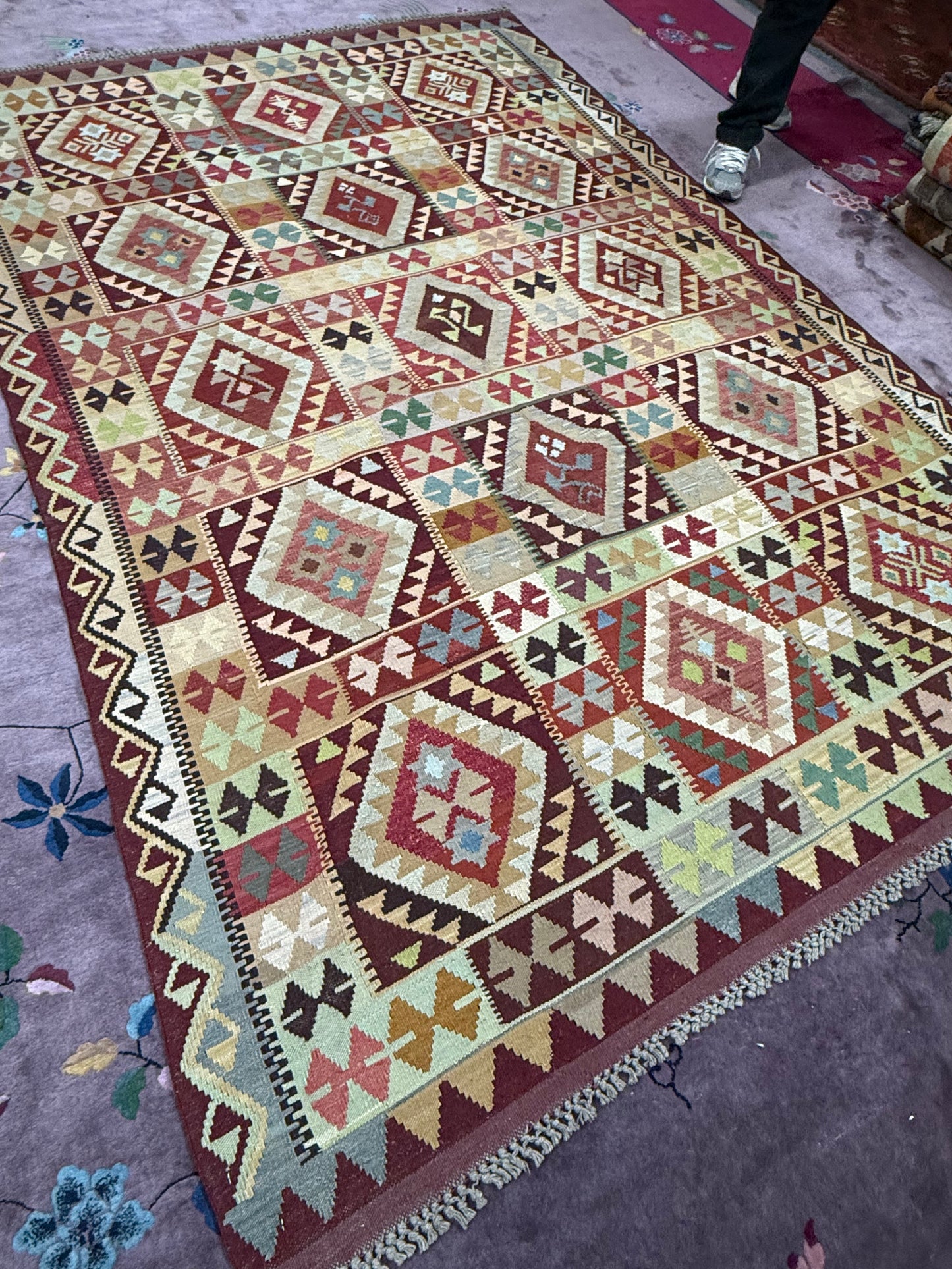 Vintage Afghan Maimana Kilim – Handwoven Wool Rug, 6.3x9.6 ft – Tribal Patchwork Design (#10237)