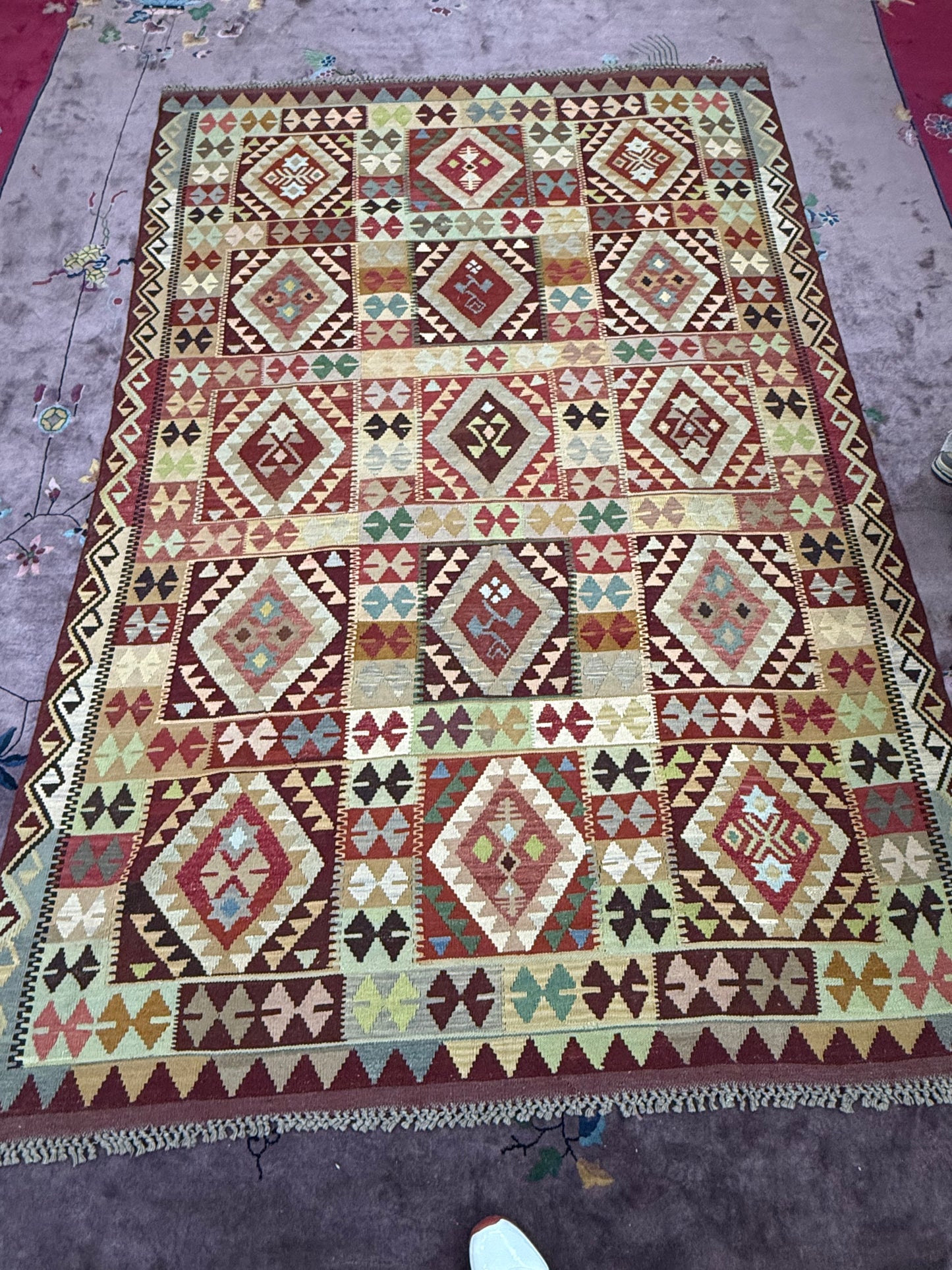 Vintage Afghan Maimana Kilim – Handwoven Wool Rug, 6.3x9.6 ft – Tribal Patchwork Design (#10237)