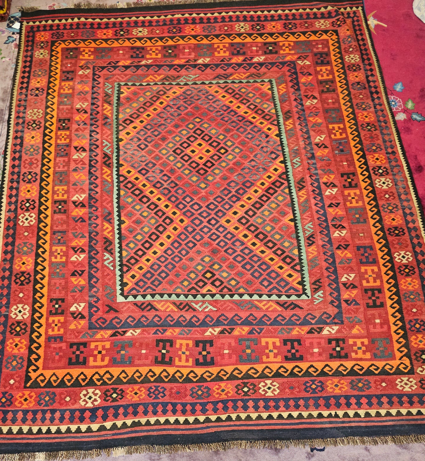 Large Afghan Maimana Kilim – Handwoven Wool Rug, 7.8x11 ft – Bold Tribal Diamond Design (#8970)