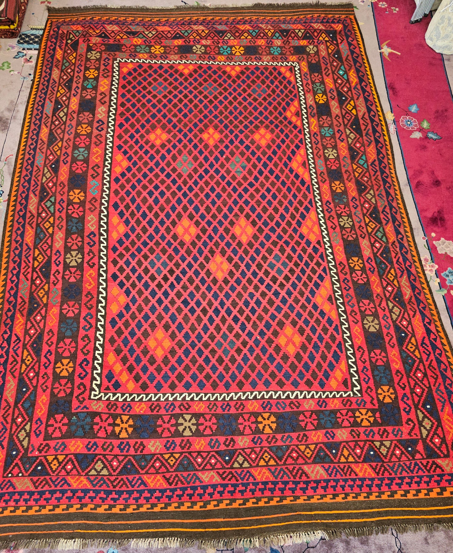 Large Afghan Maimana Kilim – Handwoven Wool Rug, 7.8x11 ft – Bold Tribal Diamond Design (#5786)