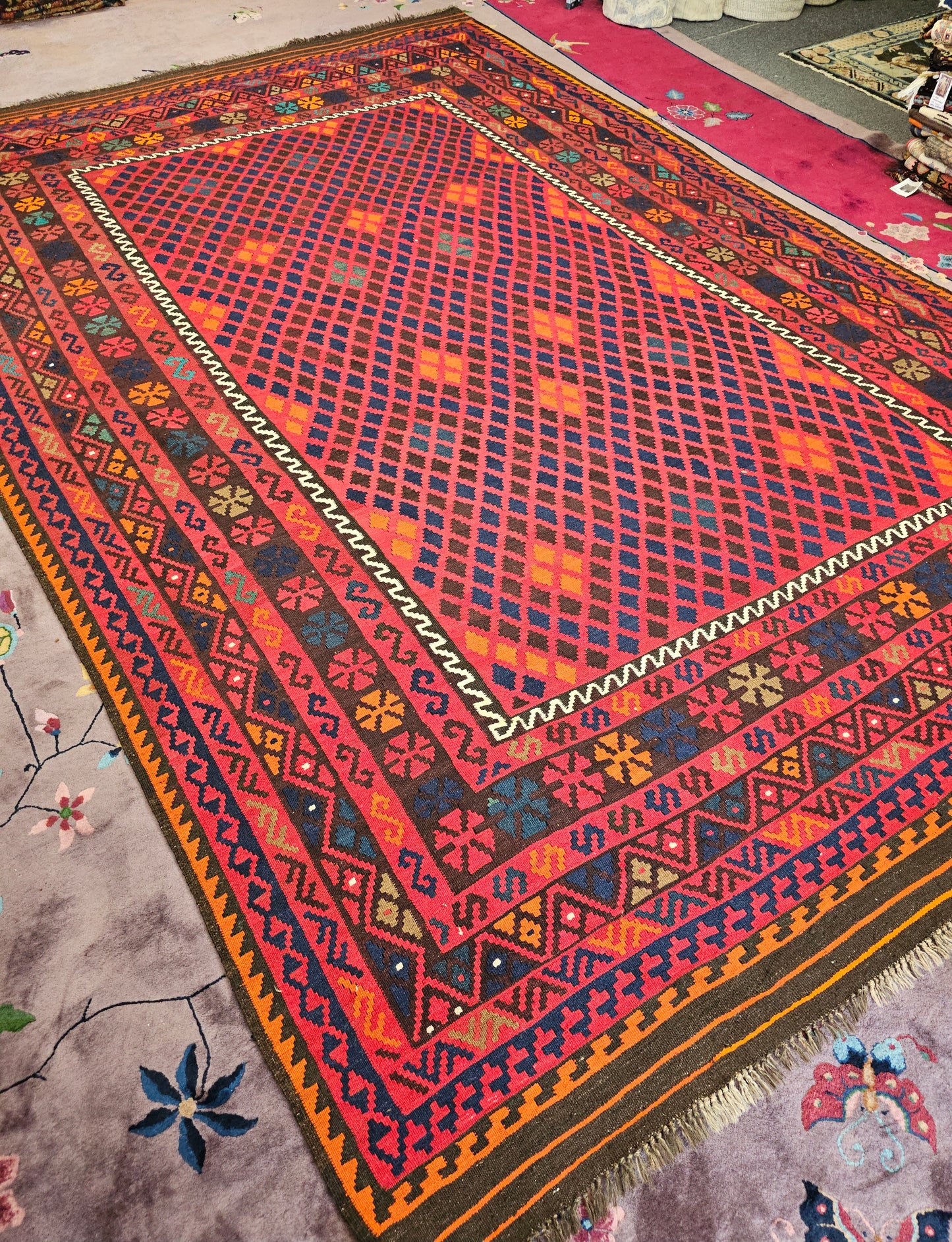 Large Afghan Maimana Kilim – Handwoven Wool Rug, 7.8x11 ft – Bold Tribal Diamond Design (#5786)
