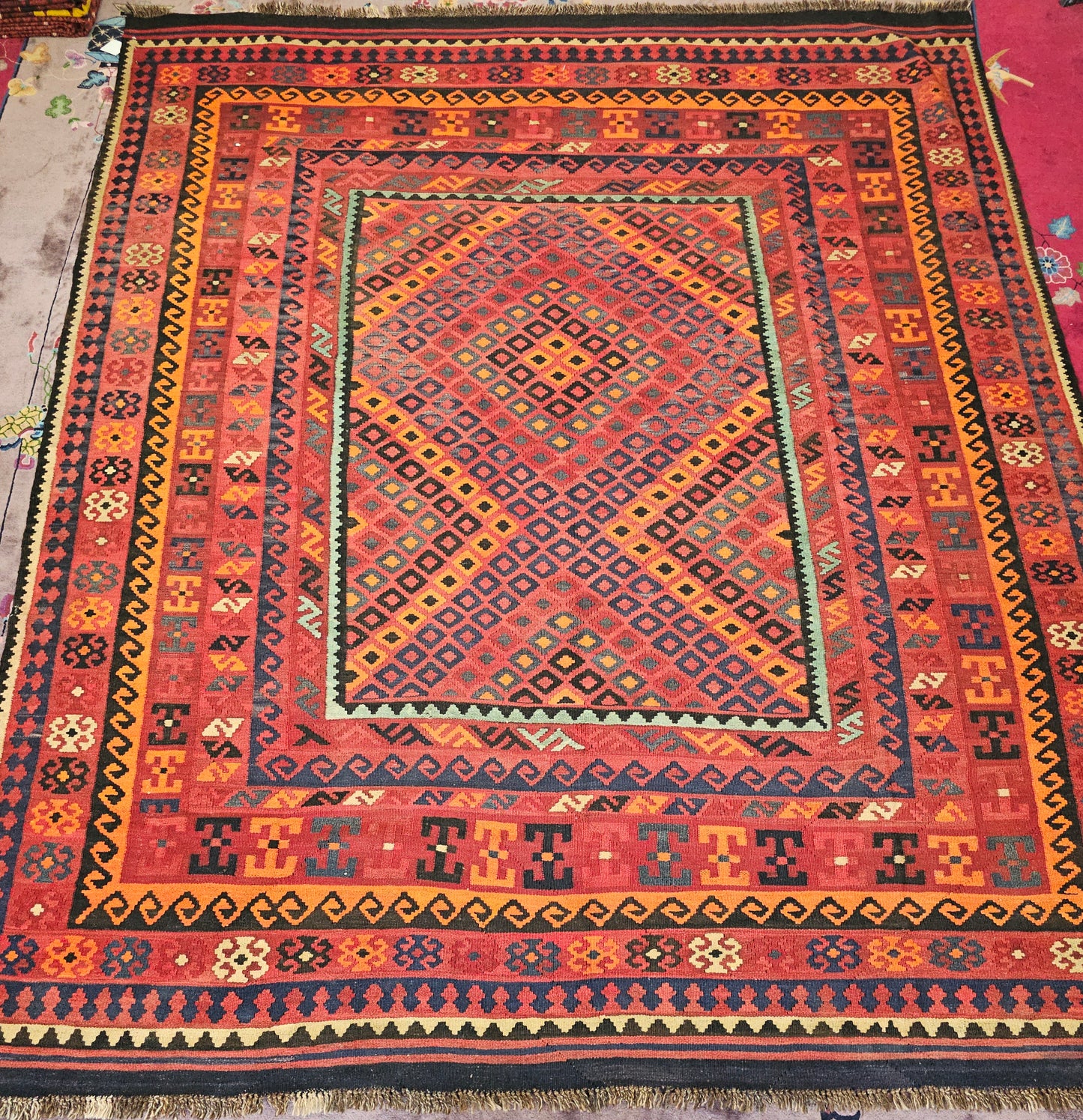 Large Afghan Maimana Kilim – Handwoven Wool Rug, 7.8x11 ft – Bold Tribal Diamond Design (#8970)