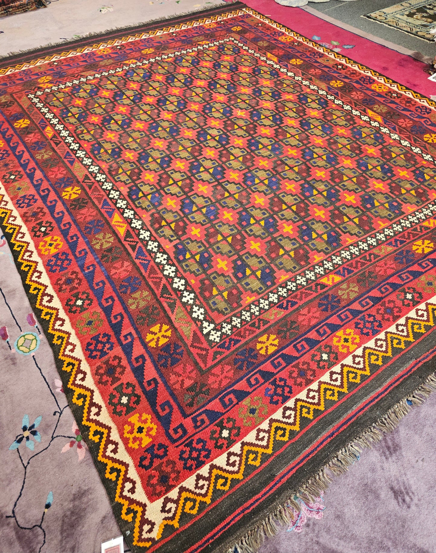 Large Afghan Maimana Kilim – Handwoven Wool Rug, 7.8x11 ft – Bold Tribal Diamond Design (#5782)