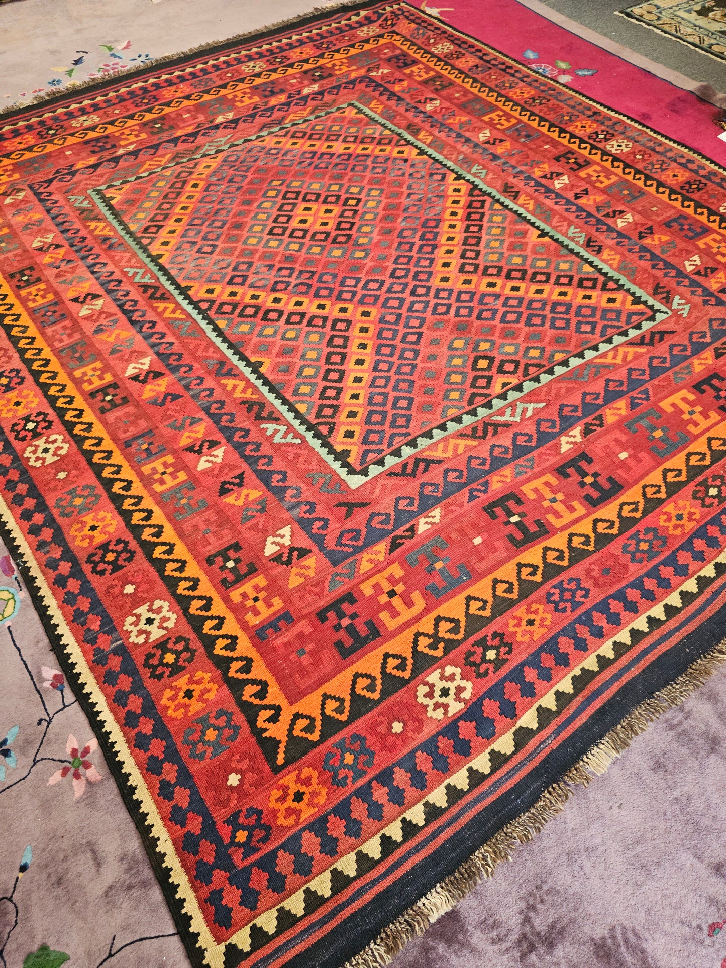 Large Afghan Maimana Kilim – Handwoven Wool Rug, 7.8x11 ft – Bold Tribal Diamond Design (#8970)