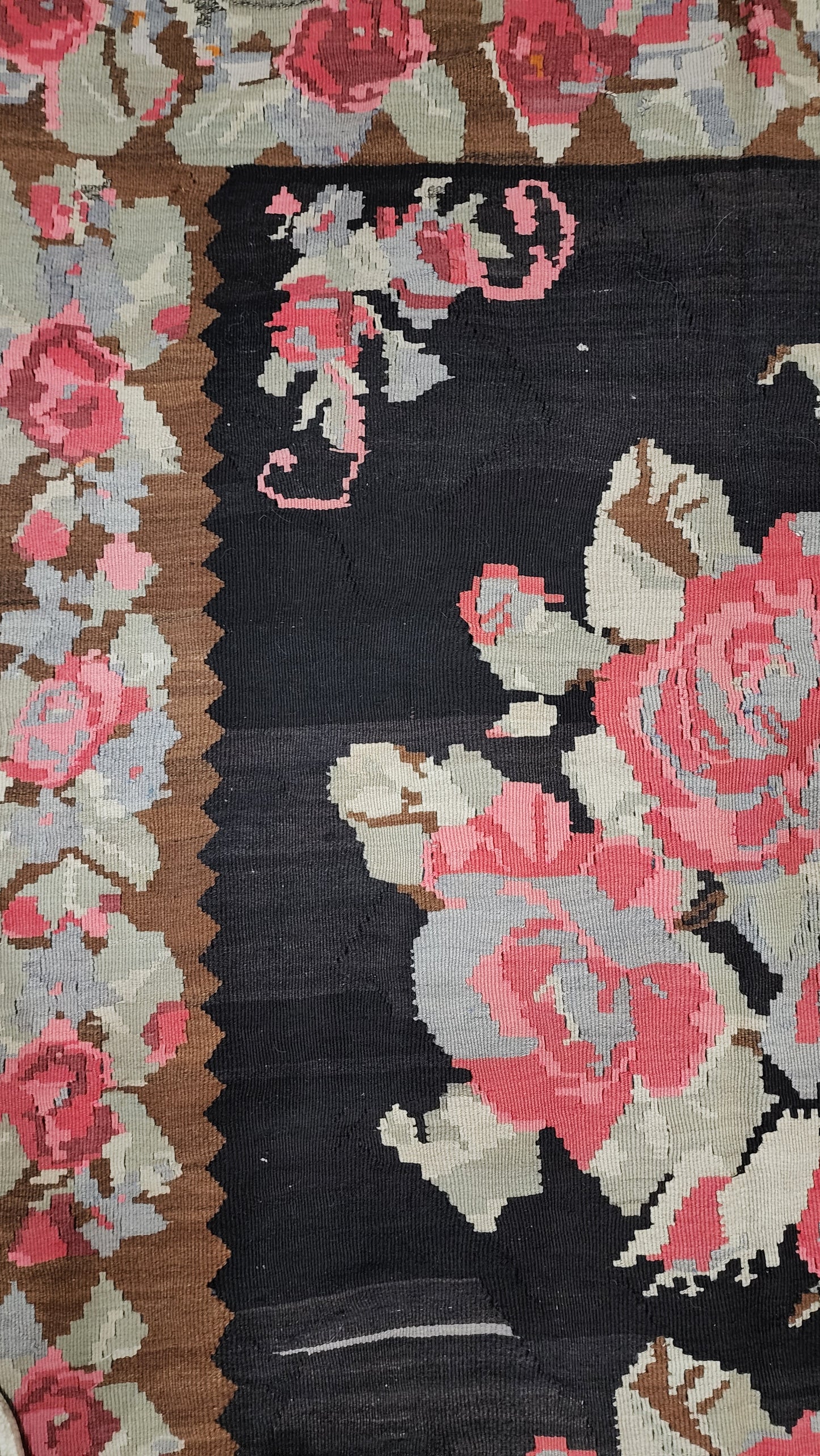Vintage Bessarabian Kilim Black Green and Pink Romanian Wool Flat Weave Rug