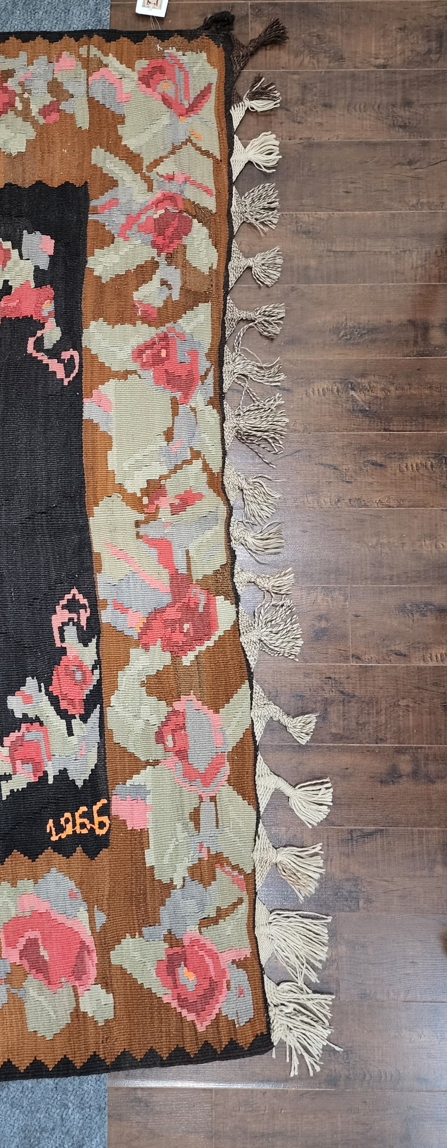 Vintage Bessarabian Kilim Black Green and Pink Romanian Wool Flat Weave Rug