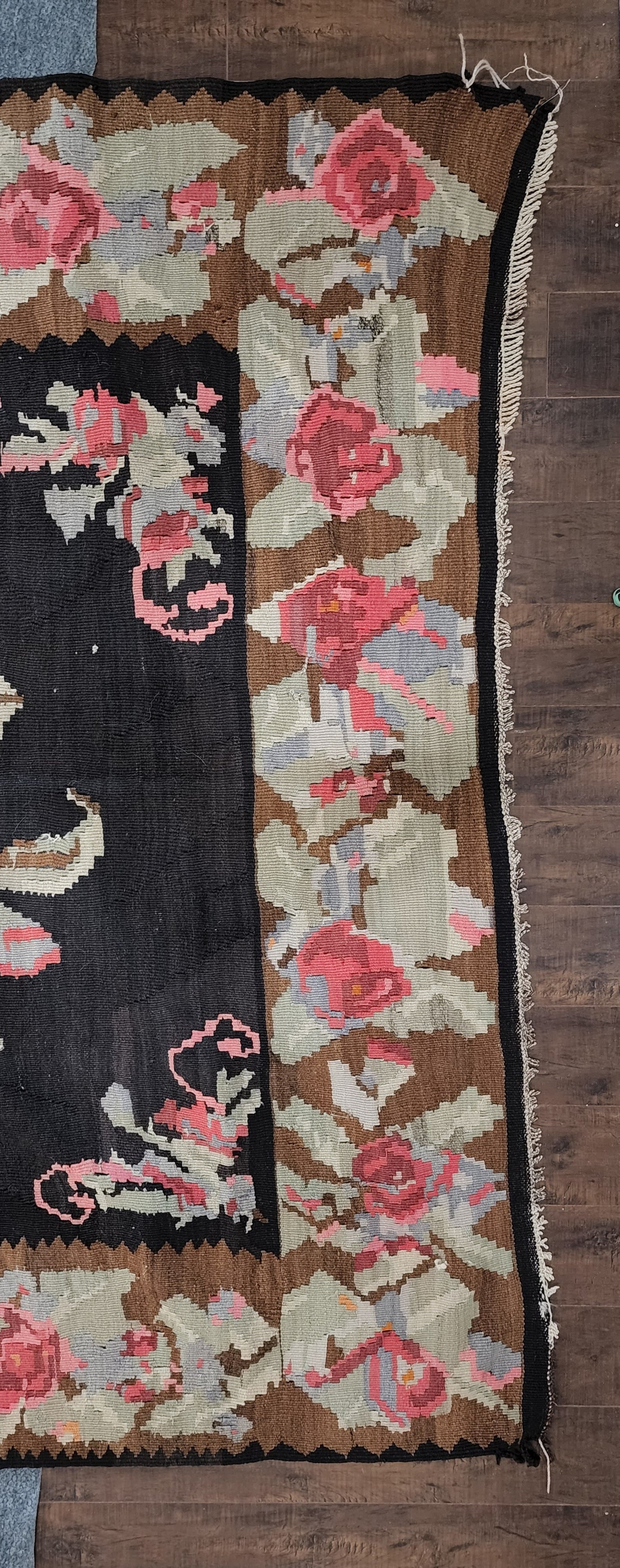 Vintage Bessarabian Kilim Black Green and Pink Romanian Wool Flat Weave Rug