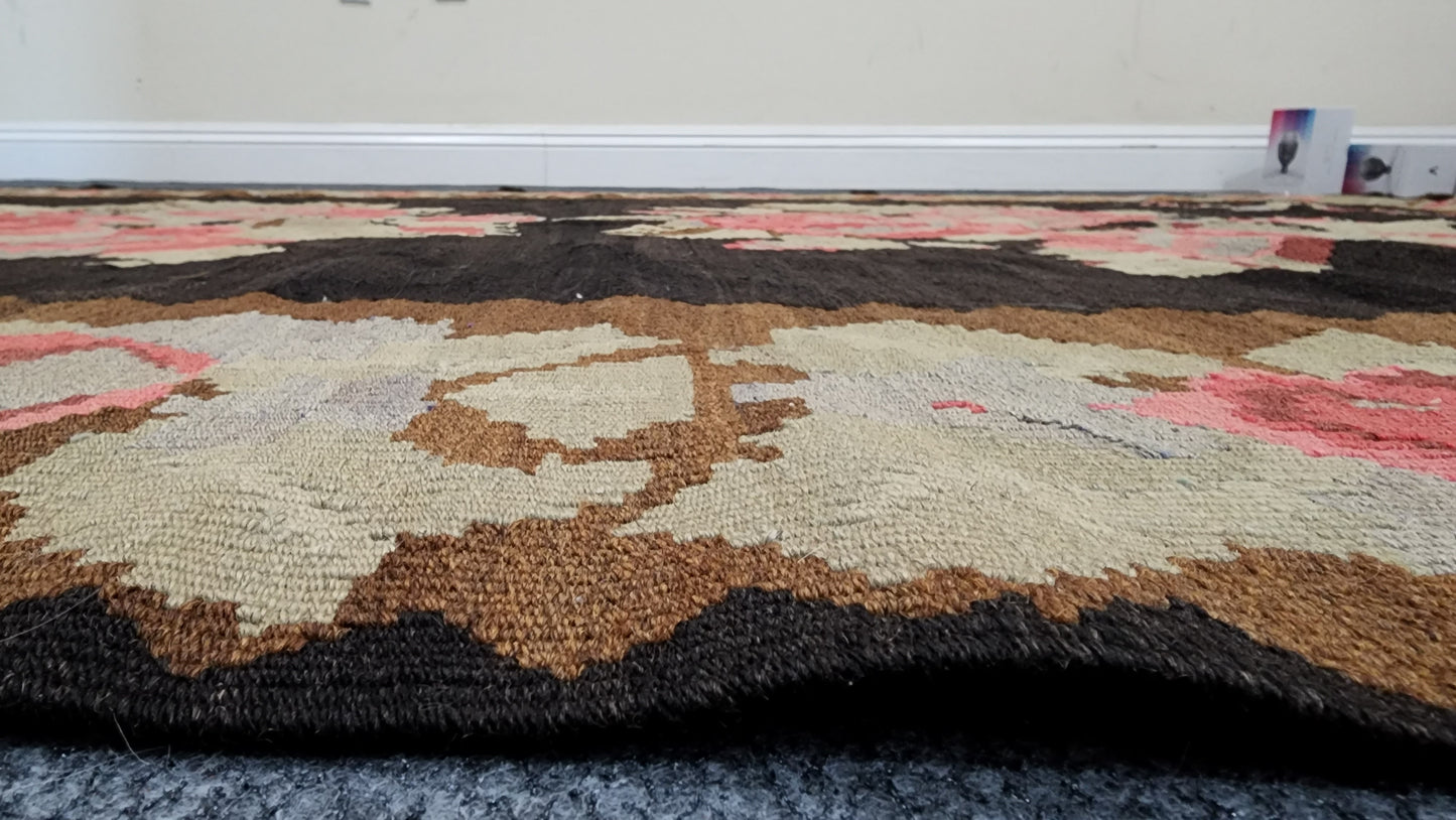 Vintage Bessarabian Kilim Black Green and Pink Romanian Wool Flat Weave Rug