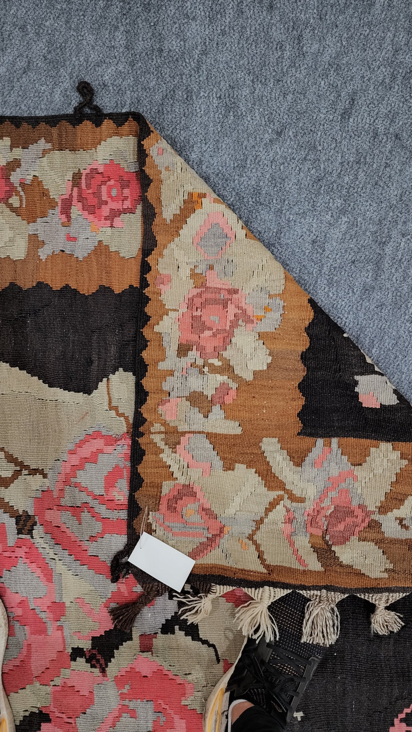 Vintage Bessarabian Kilim Black Green and Pink Romanian Wool Flat Weave Rug