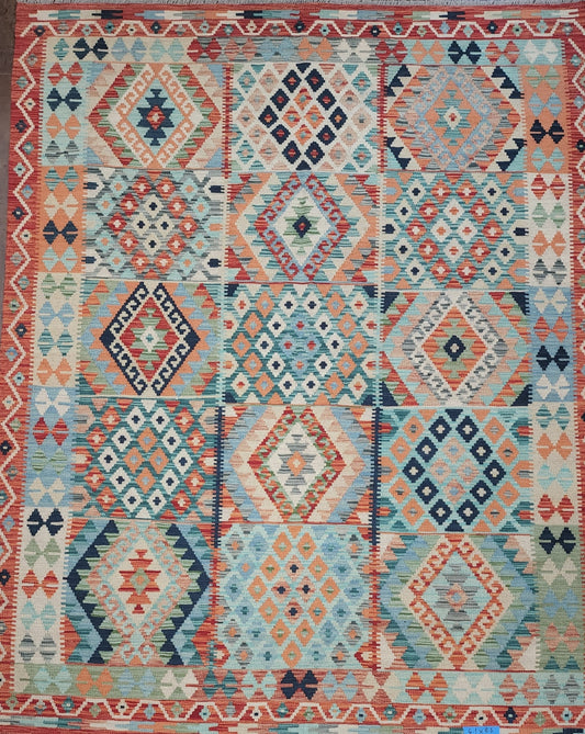 Handwoven Afghan Kilim – Colorful Geometric Patchwork Design (6.1 x 8.3) (#0371)