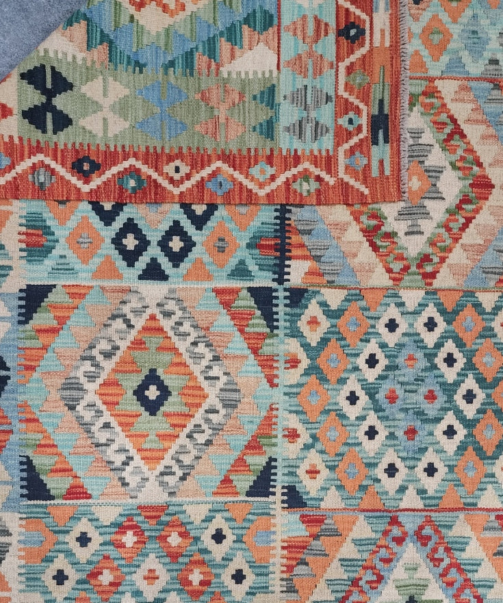 Handwoven Afghan Kilim – Colorful Geometric Patchwork Design (6.1 x 8.3) (#0371)