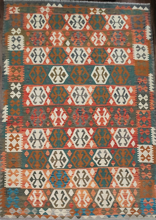 Handwoven Afghan Kilim – Vibrant Geometric Design (6.6 x 9.10) (#0223)