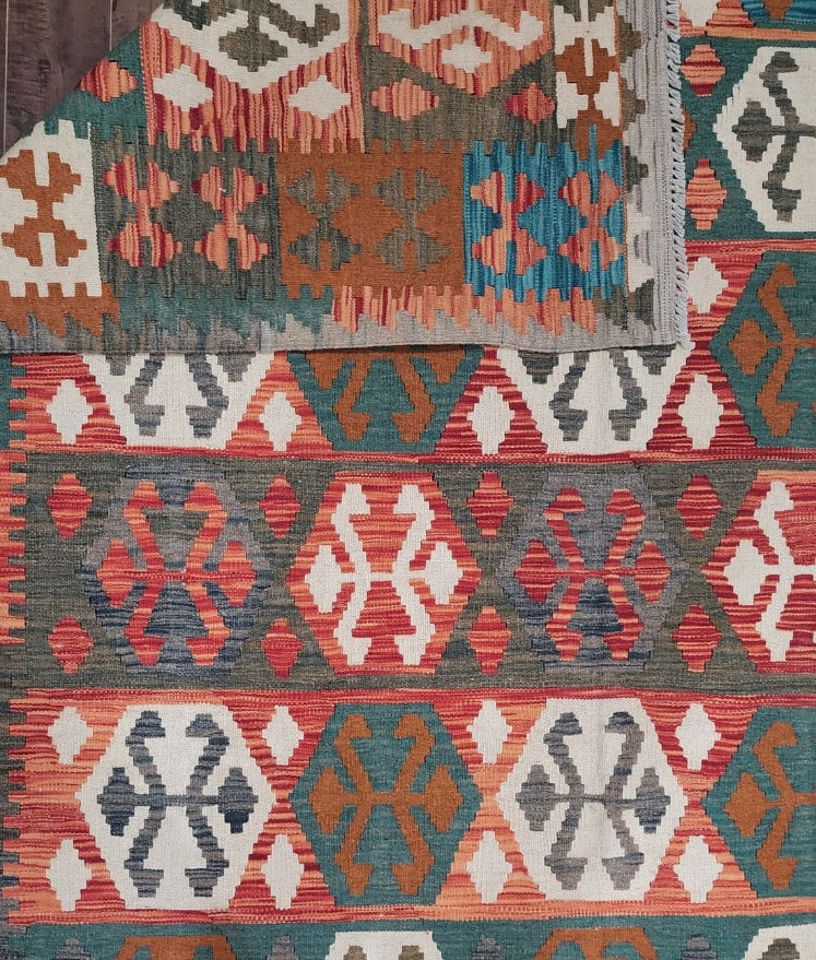 Handwoven Afghan Kilim – Vibrant Geometric Design (6.6 x 9.10) (#0223)