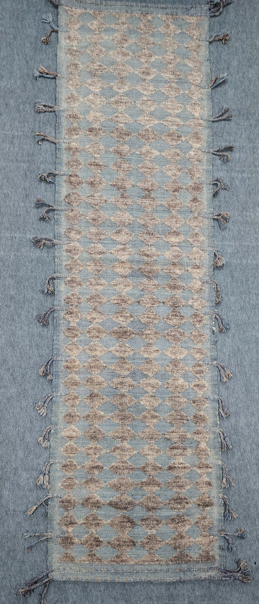 Handwoven Moroccan Wool Runner – Blue and Neutral Diamond Pattern 2.9 x 10.3 (#2385)