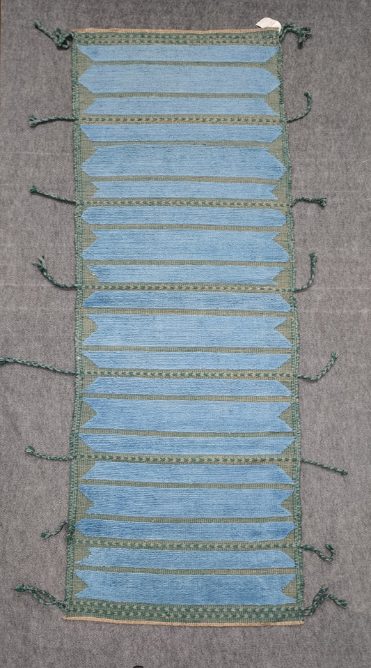Handwoven Moroccan Wool Runner – Blue and Green 2.9 x 8.3 Artisan Rug (#9837-285)