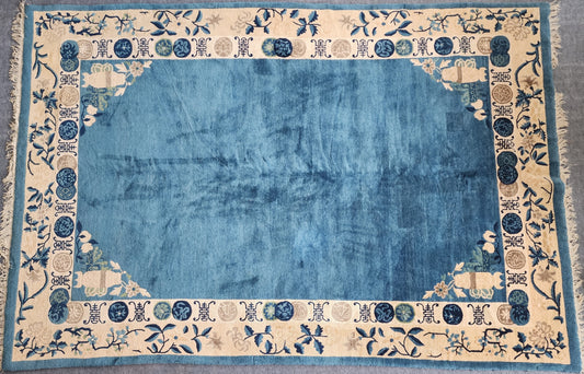 Antique 1920s Art Deco Chinese Peking Rug – Baby Blue Elegance (6.1 x 8.8)