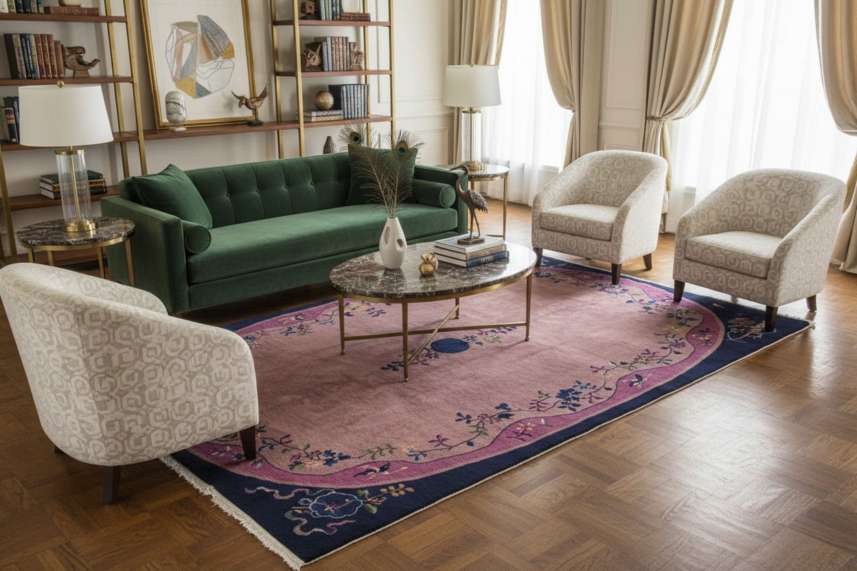 1920s Art Deco Nichols Chinese Rug 6x8.7 in Living Room