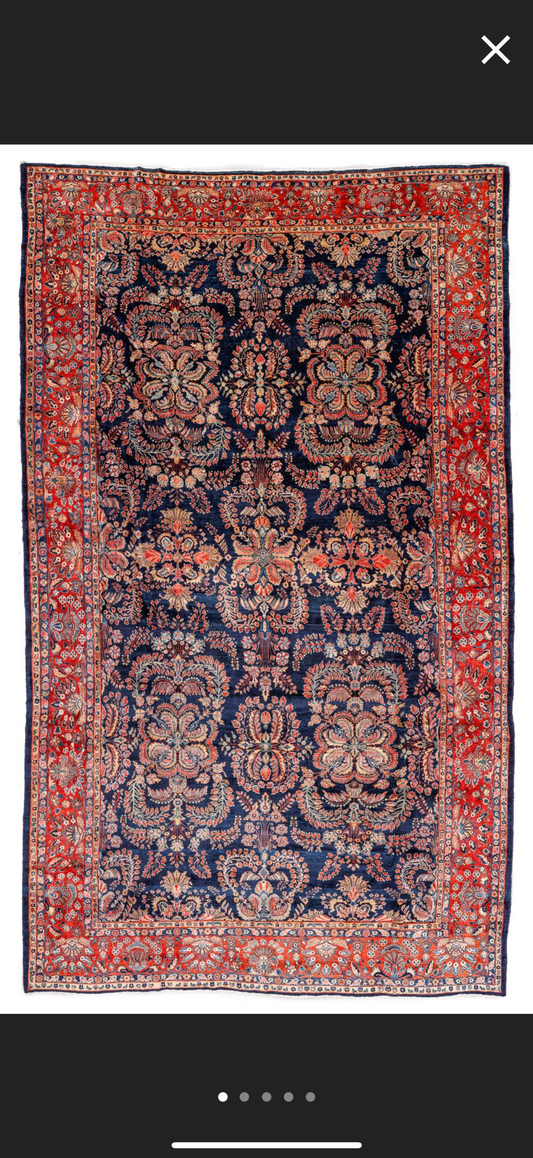 Antique Blue Mahajaran Sarouk Rug – Hand-Knotted Persian Wool, 6.7x10 ft – Rare Navy Floral Design