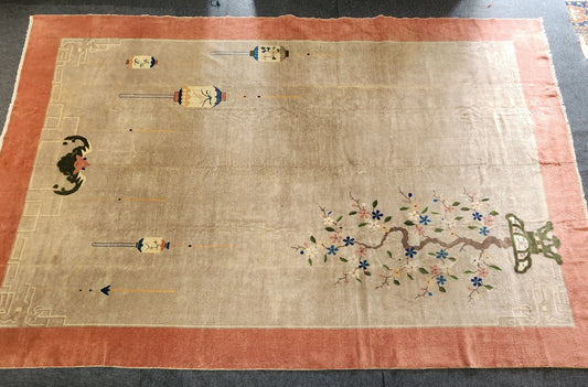 Antique Pink Chinese Peking Rug | Handwoven Wool Art Deco Carpet | Circa Early 20th Century (9 x 12)