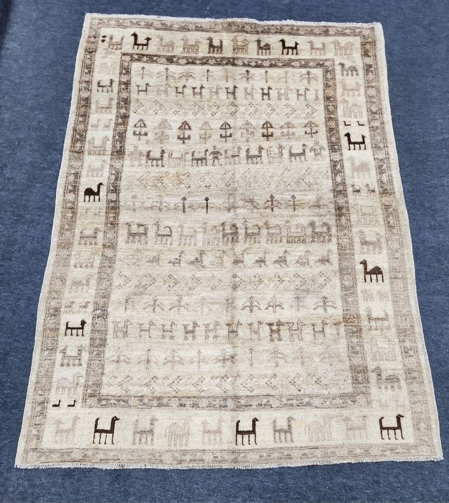 New Moroccan Neutral Color Tribal Gabbeh Design Rug with animal Motifs