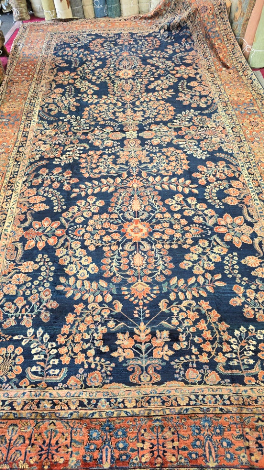 Antique Blue Mahajaran Sarouk Rug – Hand-Knotted Persian Wool, 10.6x20 ft – Rare Navy Floral Design (#10512)