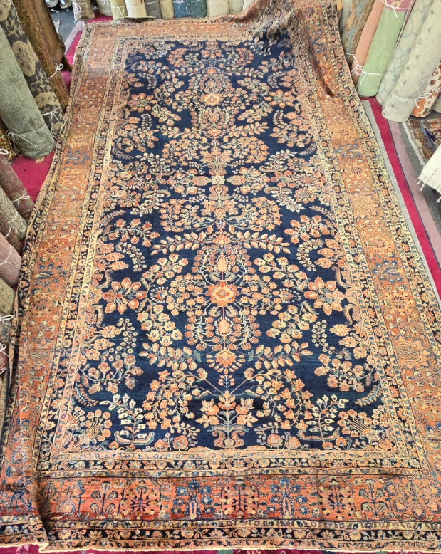 Antique Blue Mahajaran Sarouk Rug – Hand-Knotted Persian Wool, 10.6x20 ft – Rare Navy Floral Design (#10512)