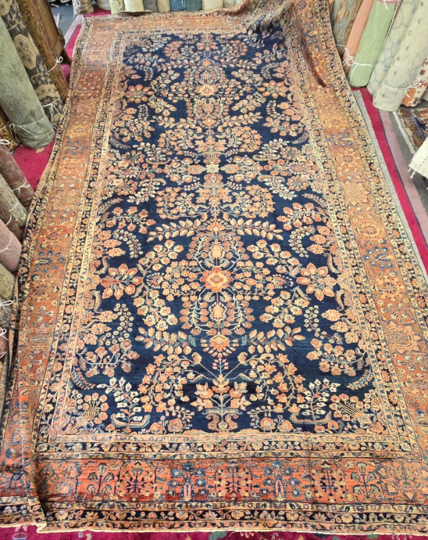 Antique Blue Mahajaran Sarouk Rug – Hand-Knotted Persian Wool, 10.6x20 ft – Rare Navy Floral Design (#10512)
