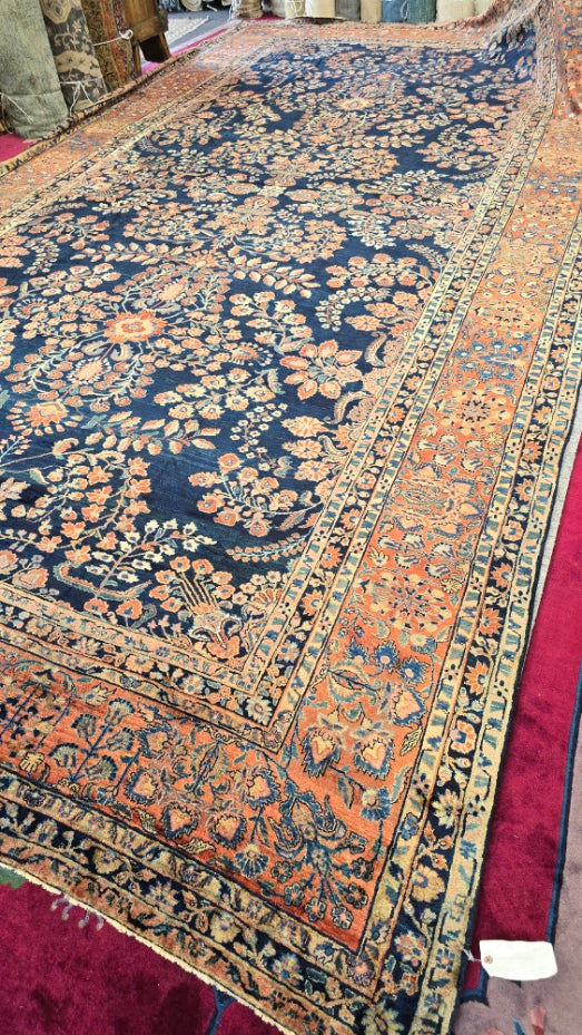 Antique Blue Mahajaran Sarouk Rug – Hand-Knotted Persian Wool, 10.6x20 ft – Rare Navy Floral Design (#10512)
