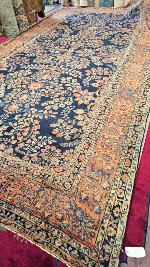 Antique Blue Mahajaran Sarouk Rug – Hand-Knotted Persian Wool, 10.6x20 ft – Rare Navy Floral Design (#10512)