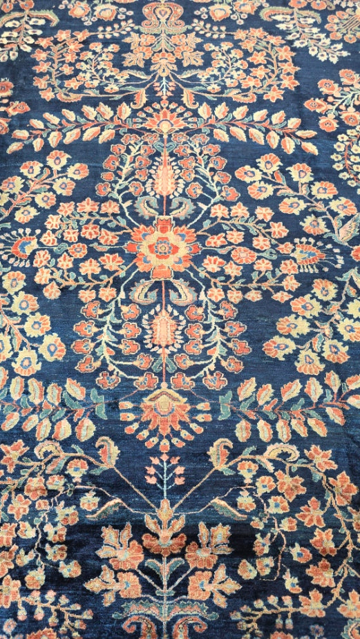 Antique Blue Mahajaran Sarouk Rug – Hand-Knotted Persian Wool, 10.6x20 ft – Rare Navy Floral Design (#10512)