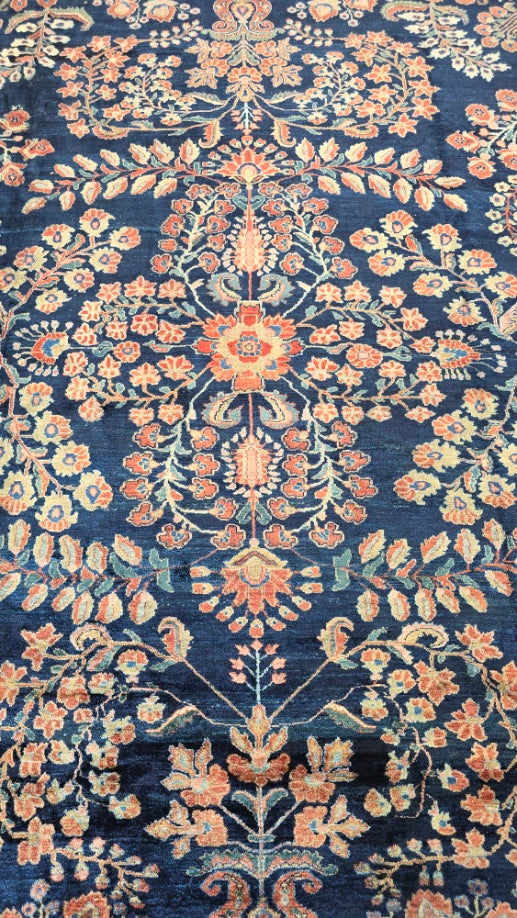 Antique Blue Mahajaran Sarouk Rug – Hand-Knotted Persian Wool, 10.6x20 ft – Rare Navy Floral Design (#10512)