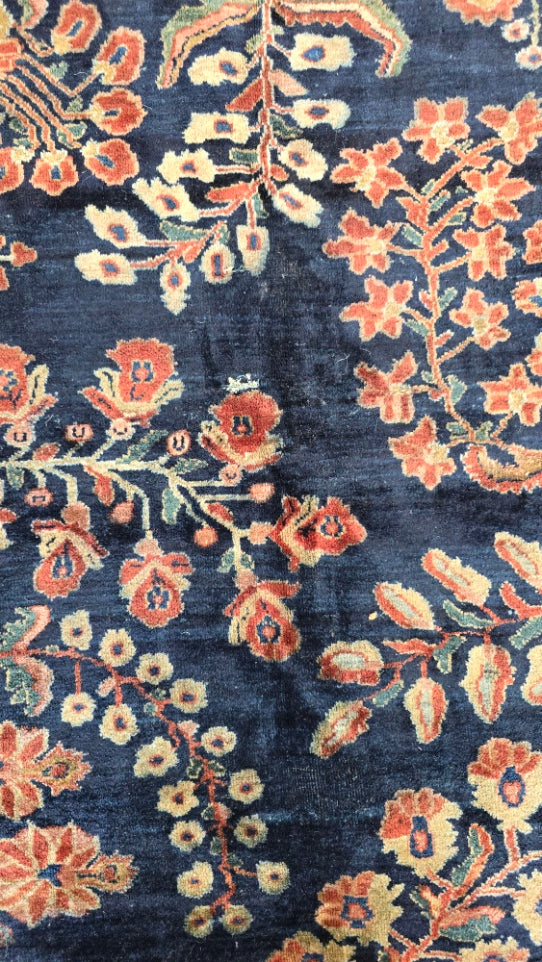 Antique Blue Mahajaran Sarouk Rug – Hand-Knotted Persian Wool, 10.6x20 ft – Rare Navy Floral Design (#10512)