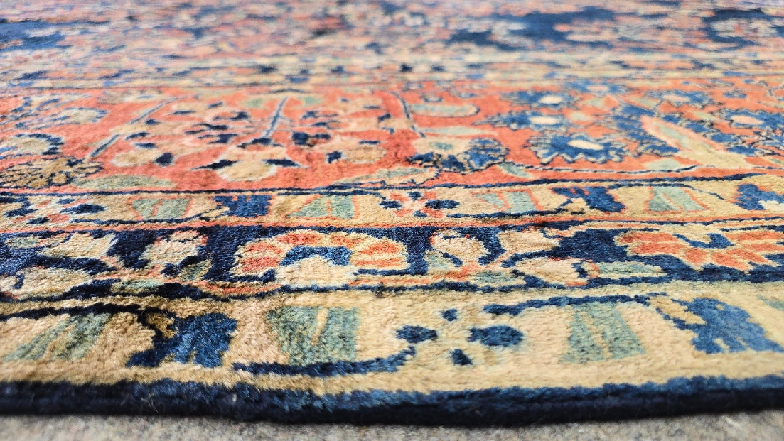 Antique Blue Mahajaran Sarouk Rug – Hand-Knotted Persian Wool, 10.6x20 ft – Rare Navy Floral Design (#10512)