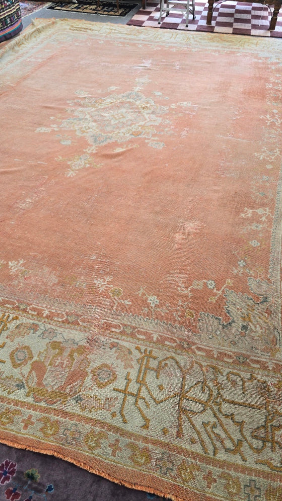 Antique Turkish Oushak Rug – Hand-Knotted Wool 13 x 16.4 (Circa 1930) #10515