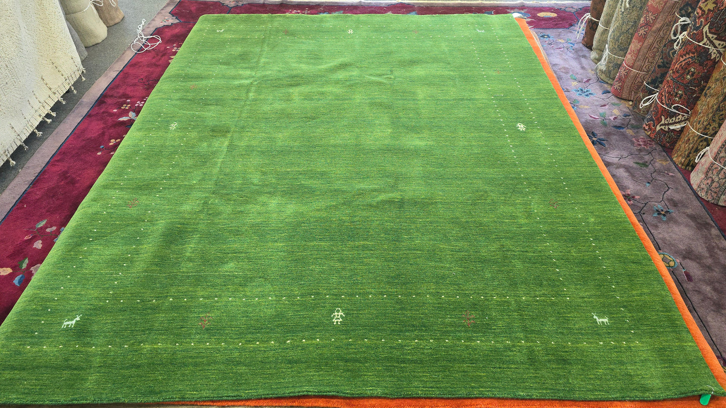 Handwoven Forest Green Gabbeh Rug – Minimalist Elegance (8 x 10)