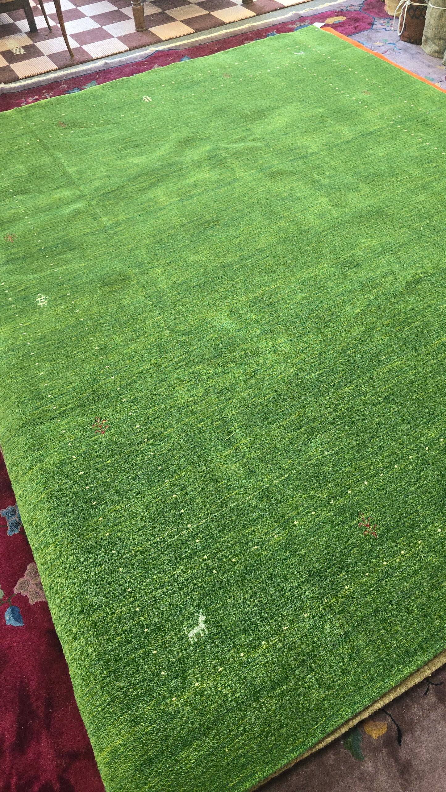 Handwoven Forest Green Gabbeh Rug – Minimalist Elegance (8 x 10)