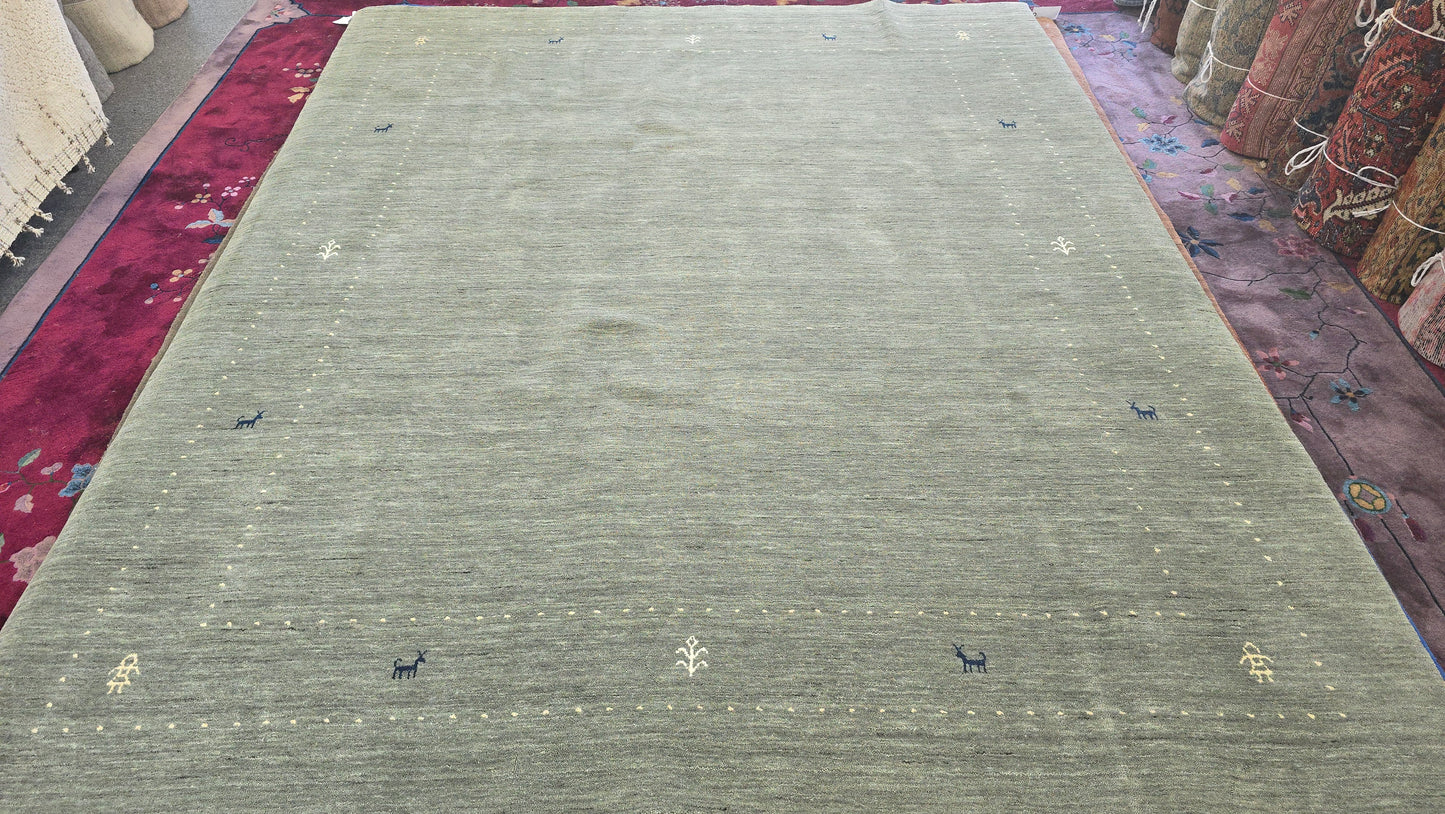 Handwoven Sage Green Gabbeh Rug – Minimalist Elegance (8 x 10)
