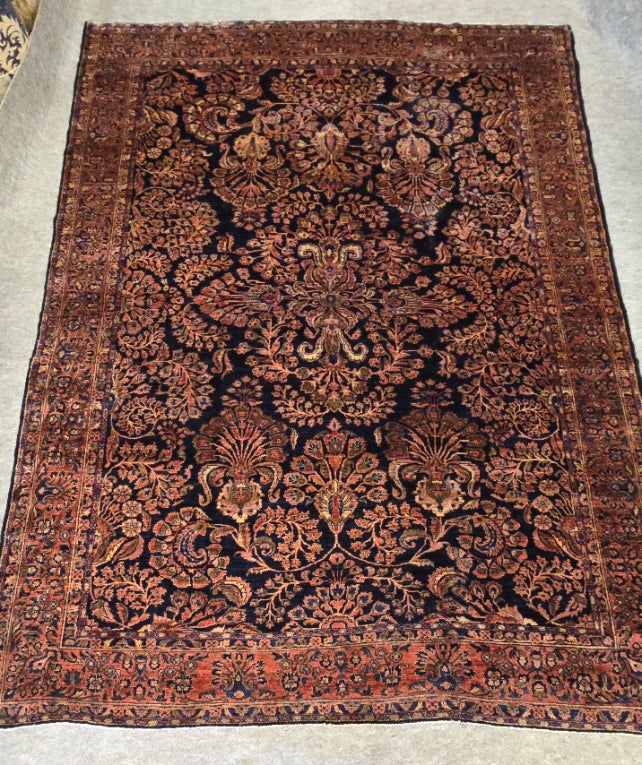 Antique Blue Mahajaran Sarouk Rug – Hand-Knotted Persian Wool,  9.1 x 12.8 ft – Rare Navy Floral Design (#10569)